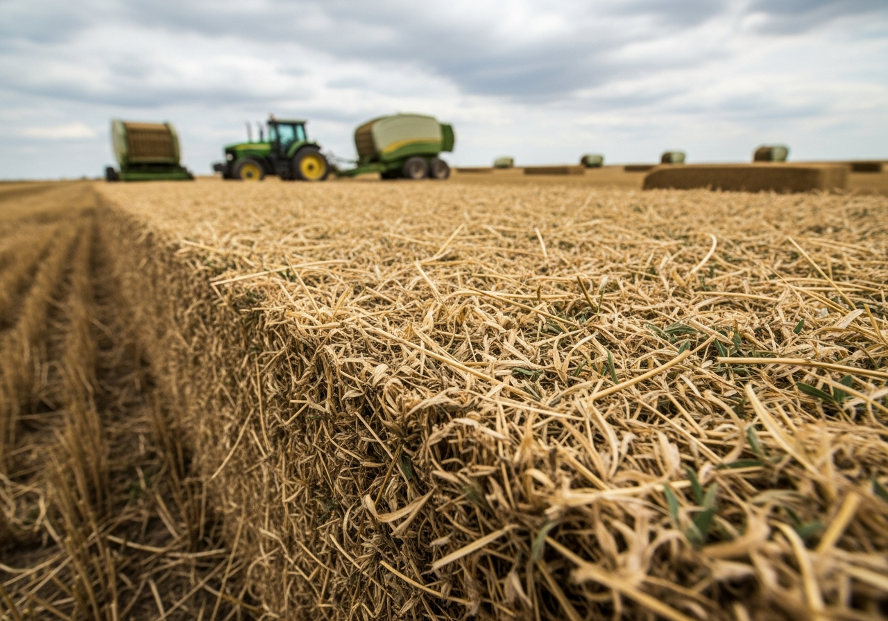 Professional documentary photography, National Geographic style. Canon EOS R5, 24mm lens. Granular texture, shallow depth of field, sharp focus on the fiber. A harvested agricultural field showing large rectangular megafardos of alfalfa. In the background, dusty and heavily used agricultural machinery, like a tractor and a baler. Natural light of a cloudy day, diffused lighting. The primary focus is on the rough texture and details of the dried alfalfa fiber on the closest megafardo.