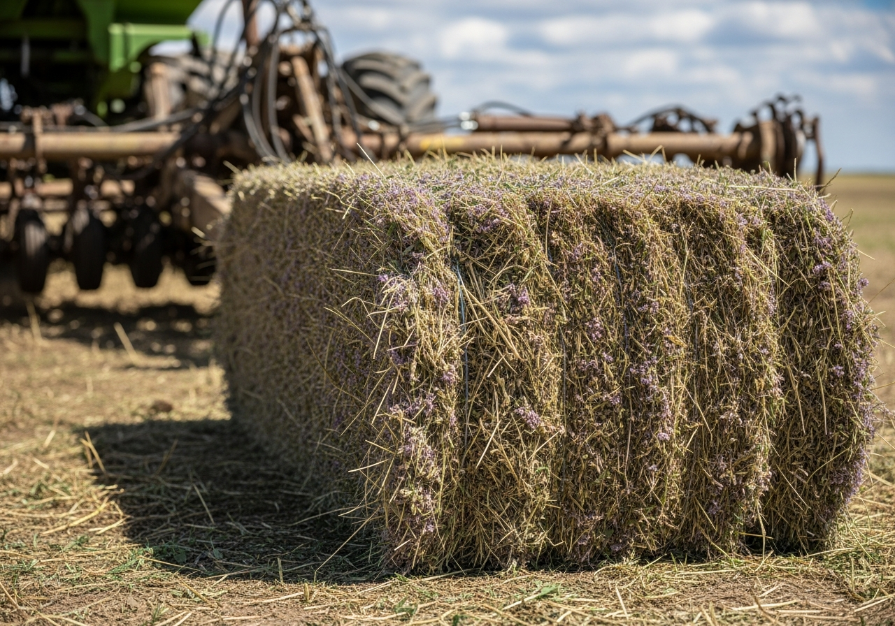 Megafardo rectangular de alfalfa de La Pampa mostrando alta retención de hojas en un lote agrícola.